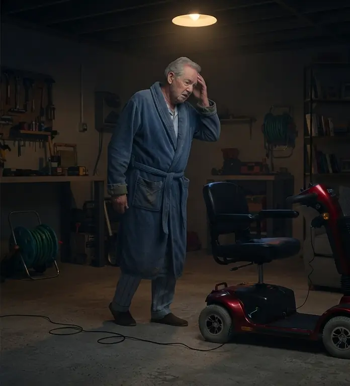 An older man in his dressing gown looks worried at his scooter in the garage, its battery flat.