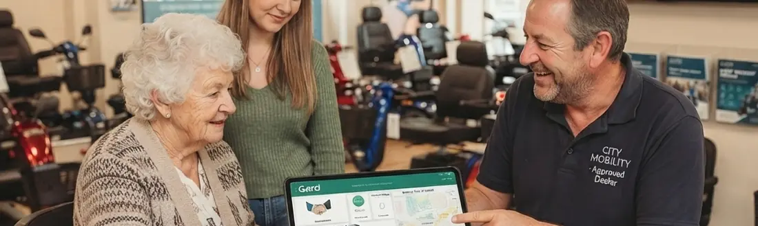 A dealer shows an older customer and her daughter the MobilityGuard app on a tablet in the showroom.