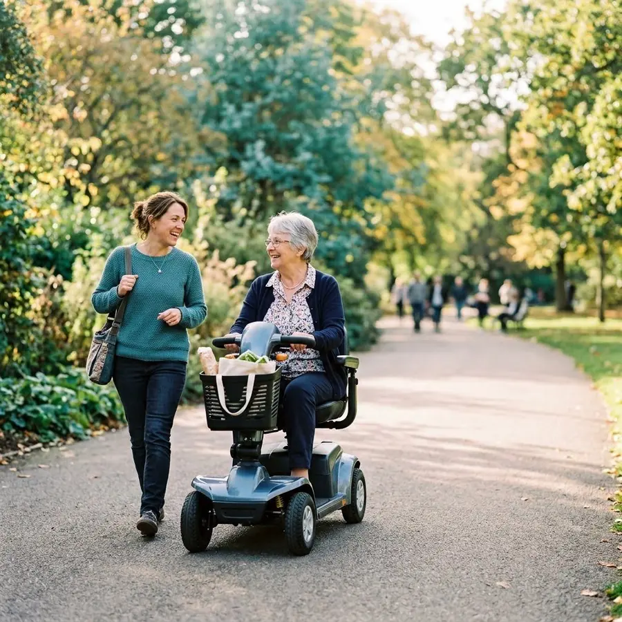 An older woman rides her mobility scooter through a sunny park with her daughter walking beside her, both laughing.