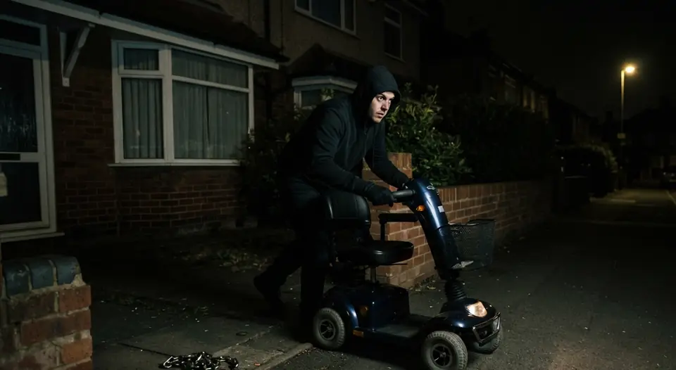A hooded thief wheels a mobility scooter away from a house at night, its cut chain left on the ground.