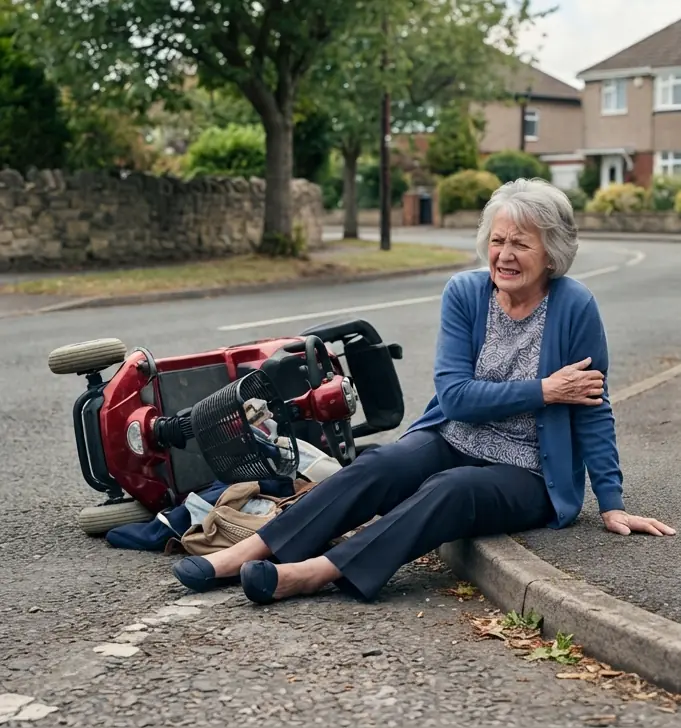 An older woman sits at the kerb holding her arm beside her tipped-over mobility scooter.
